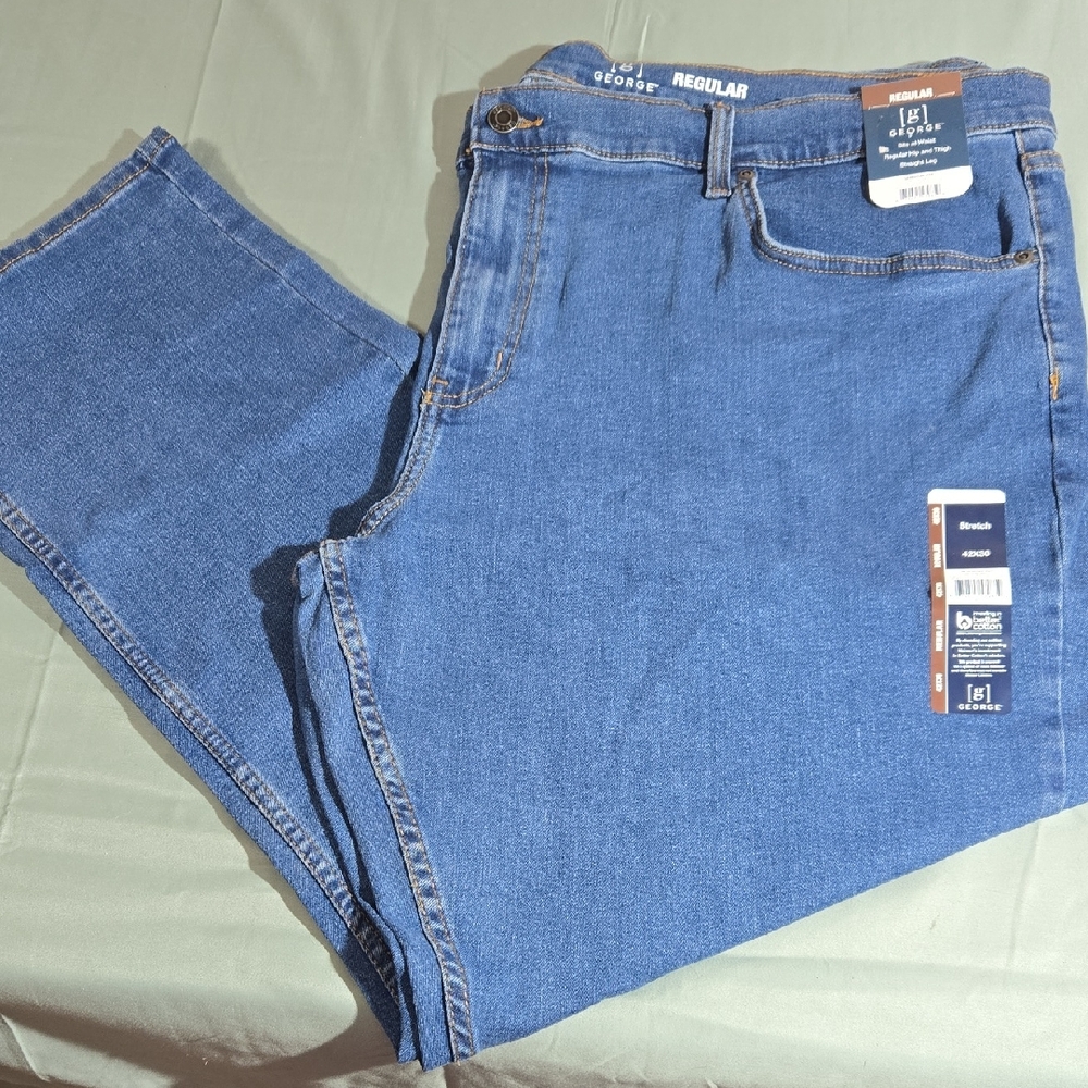 2 Pairs George Men's Classic Denim Regular Straight Leg 42X30 Stretch Jeans NWT